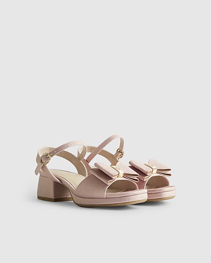 Girls Pink Glitter Bow Heeled Sandals
