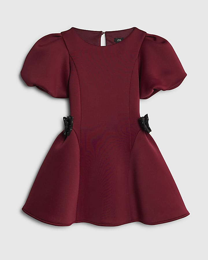 Girls Red Bow Puff Sleeve Dress