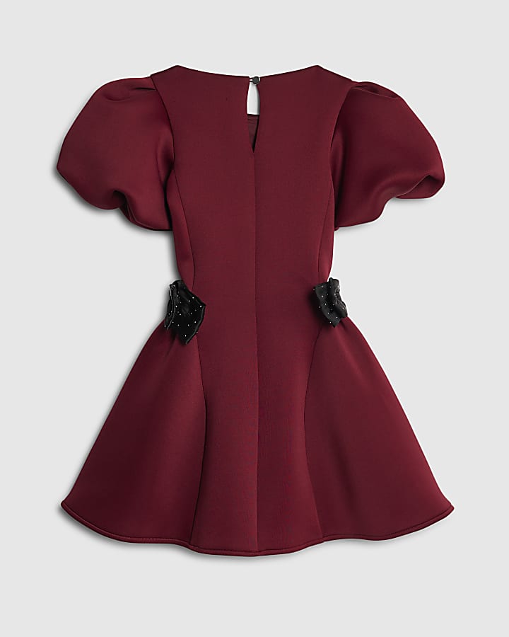Girls Red Bow Puff Sleeve Dress