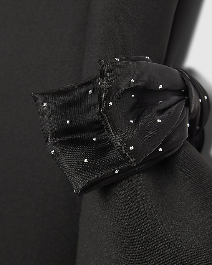 Girls Black Puff Sleeve Bow Scuba Dress