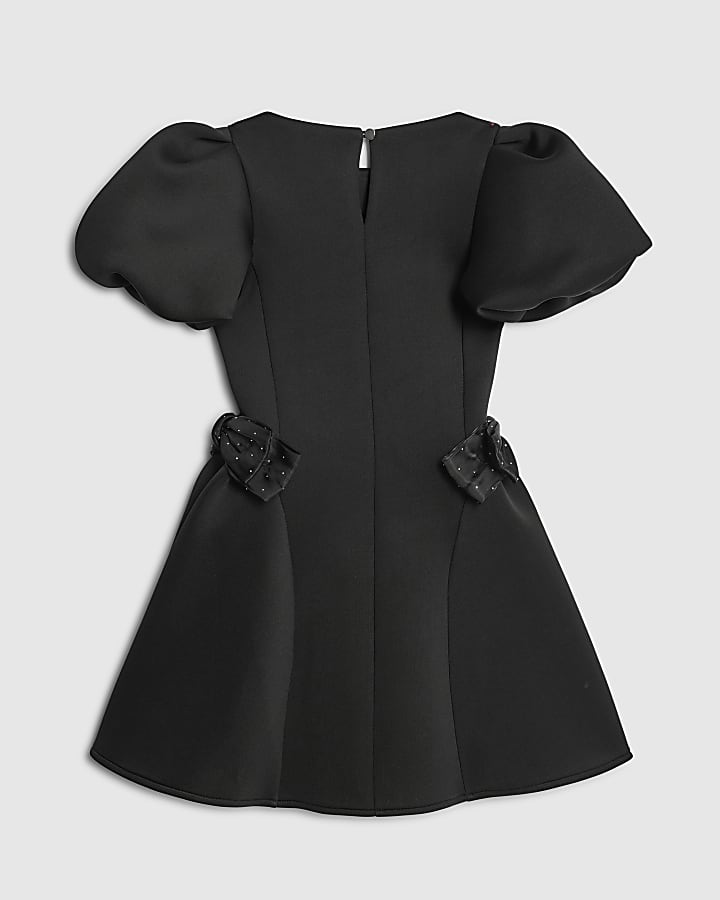 Girls Black Puff Sleeve Bow Scuba Dress