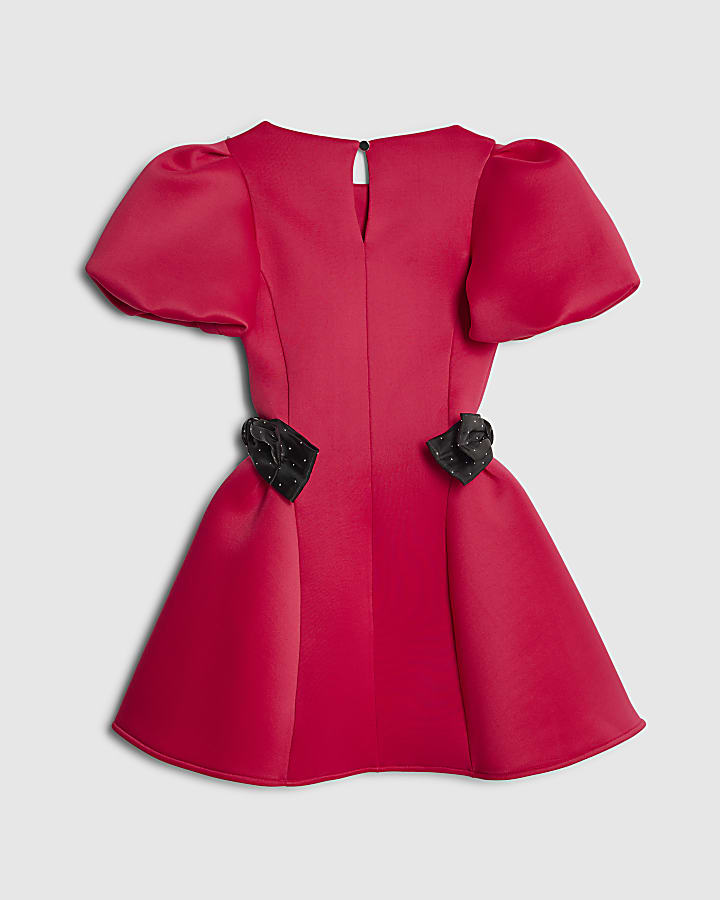 Girls Pink Puff Sleeve Bow Scuba Dress