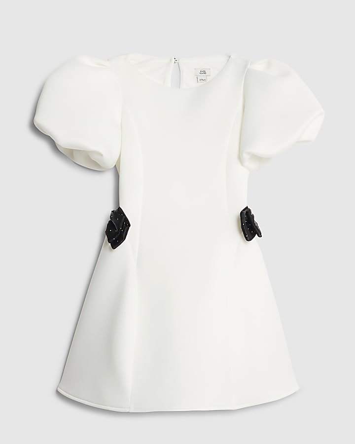 Girls White Puff Sleeve Bow Scuba Dress