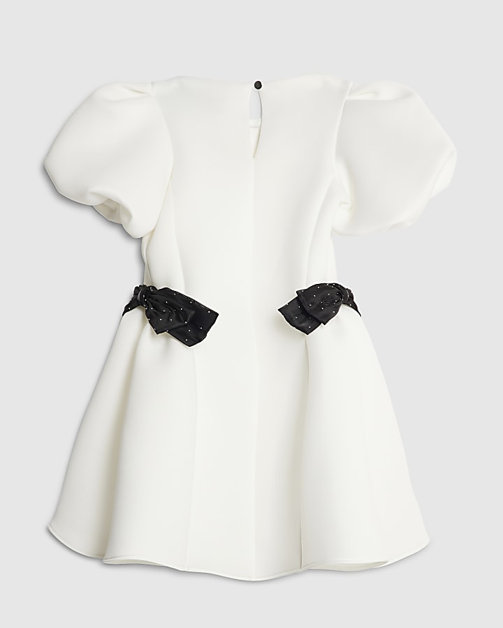 Girls White Puff Sleeve Bow Scuba Dress