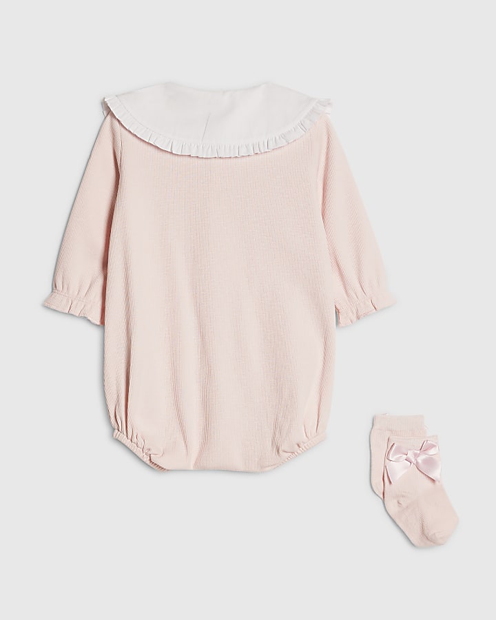 Baby Girls Pink Rose Bodysuit And Socks Set