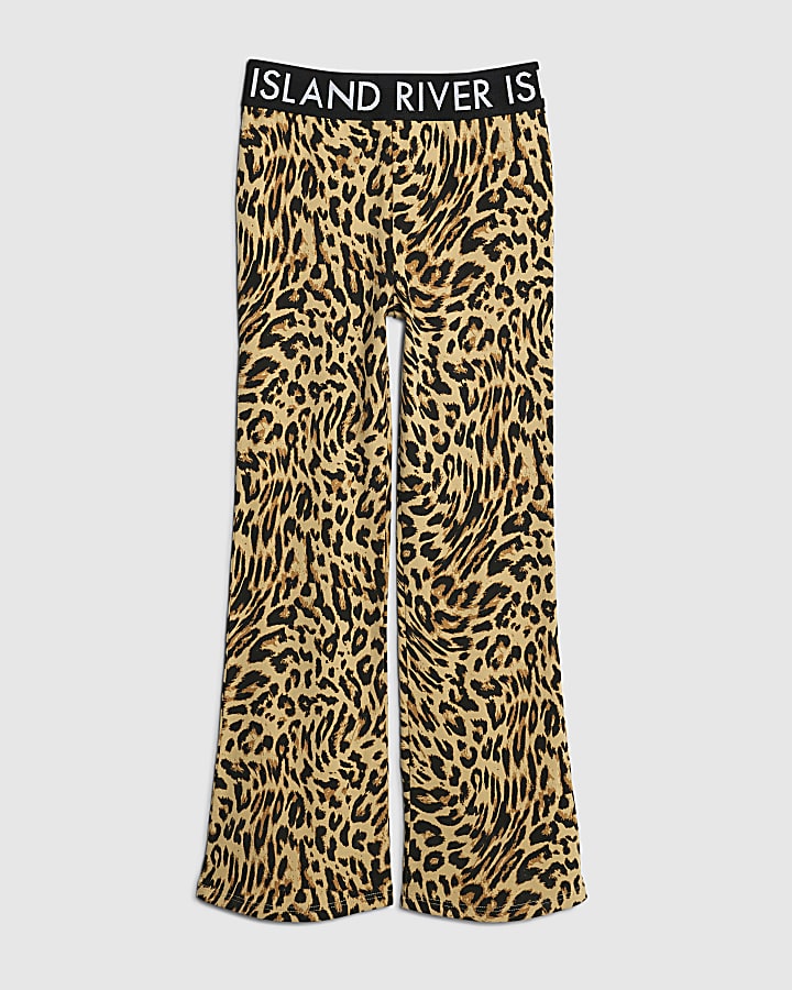 Girls Beige Leopard Flared Leggings