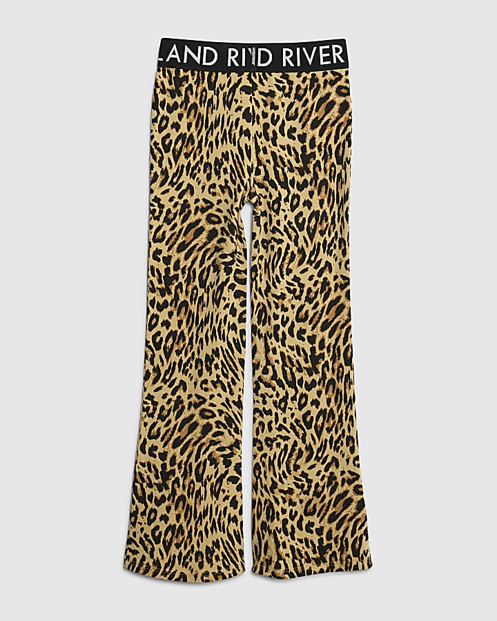 Girls Beige Leopard Flared Leggings