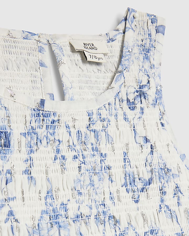 Girls Blue Floral Chiffon Hem Dress