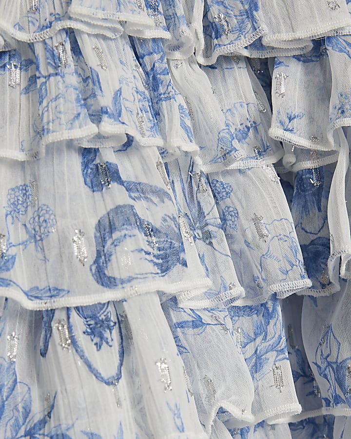 Girls Blue Floral Chiffon Hem Dress