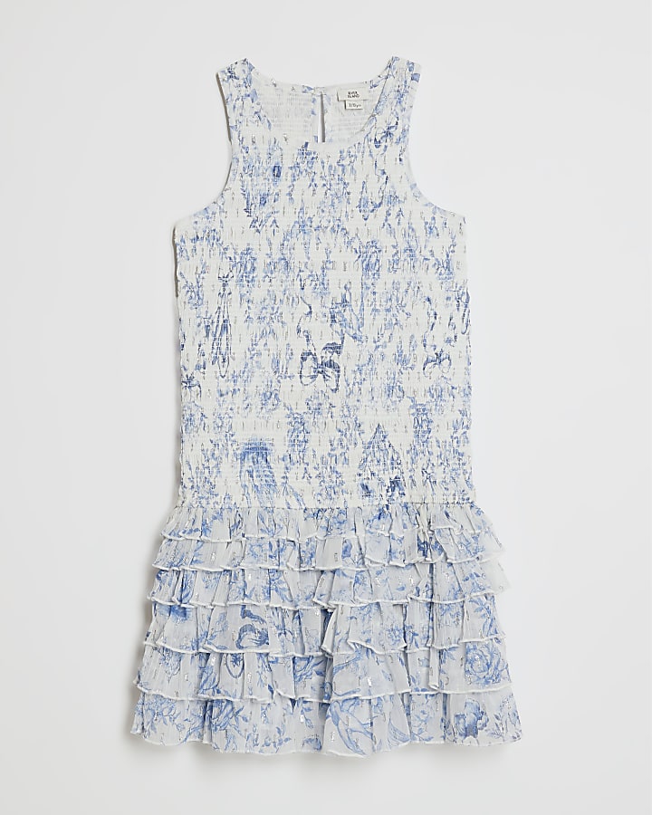 Girls Blue Floral Chiffon Hem Dress