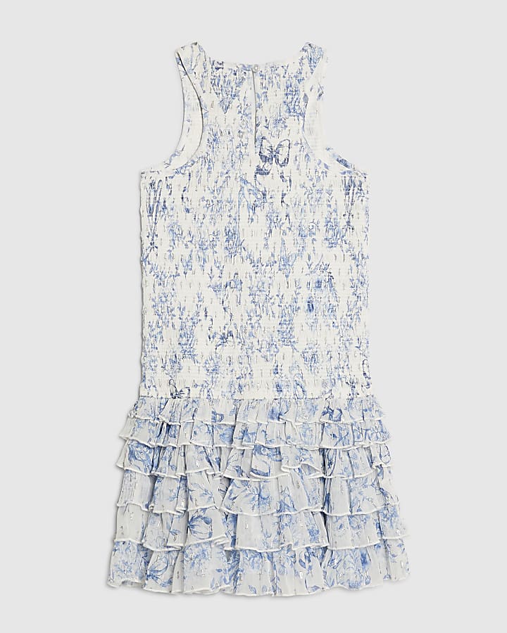Girls Blue Floral Chiffon Hem Dress