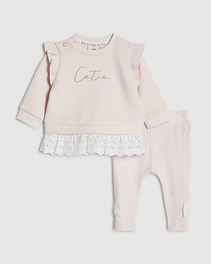 Baby Girls Pink Broderie Sweatshirt  Set