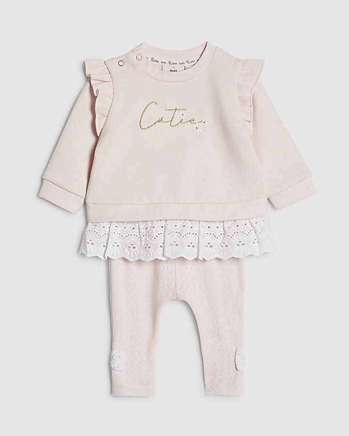 Baby Girls Pink Broderie Sweatshirt  Set