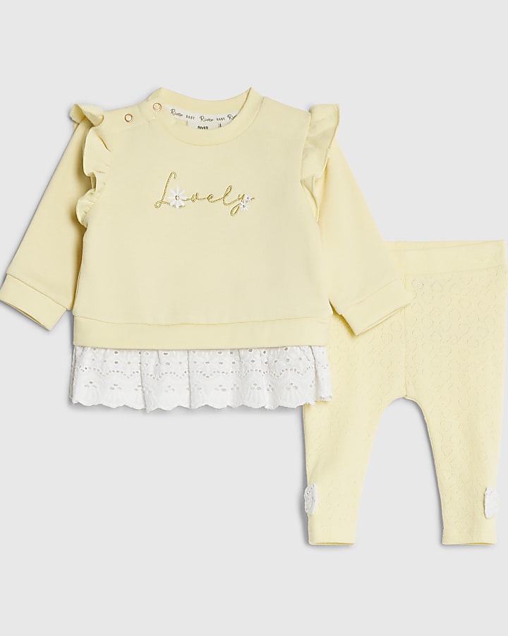 Baby Girls Yellow Broderie Sweatshirt Set