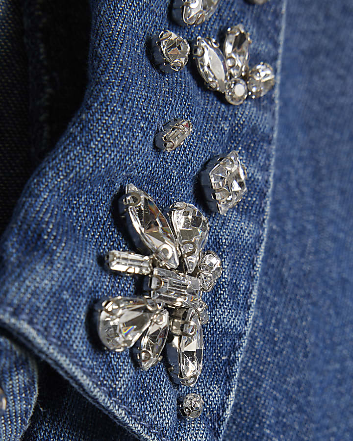 Girls Blue Denim Embellished Prom Shirt Dress