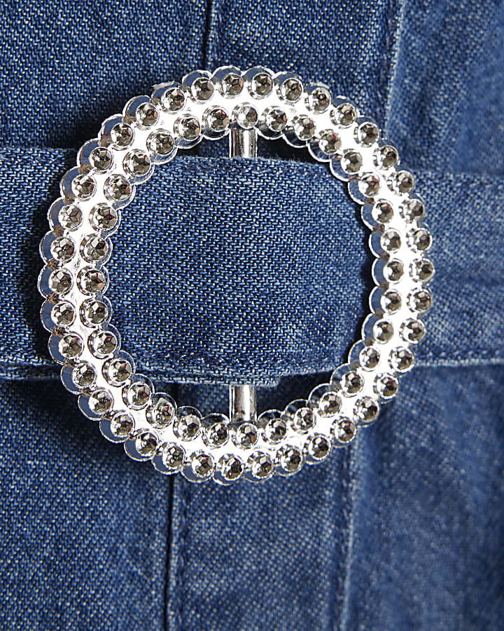 Girls Blue Denim Embellished Prom Shirt Dress