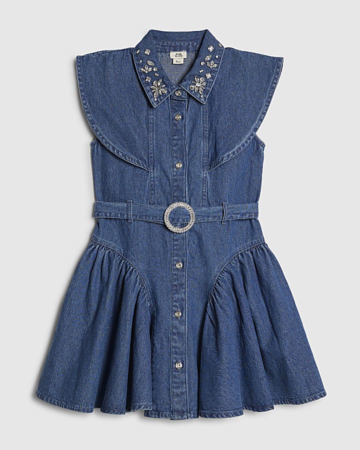 Girls Blue Denim Embellished Prom Shirt Dress