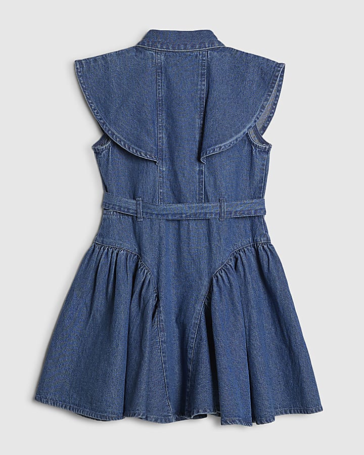 Girls Blue Denim Embellished Prom Shirt Dress