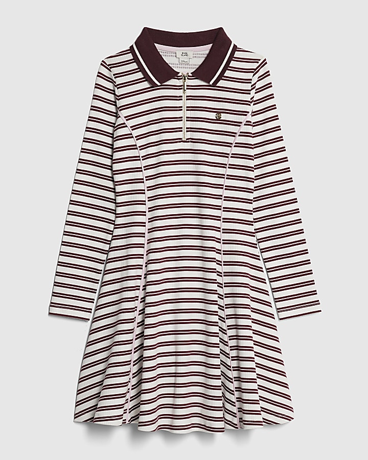 Girls Red Ribbed Stripe Polo Dress