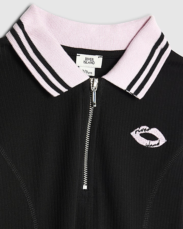 Girls Black Ribbed Zipped Polo Dress