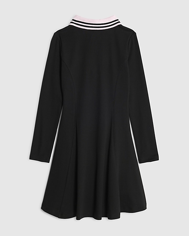 Girls Black Ribbed Zipped Polo Dress