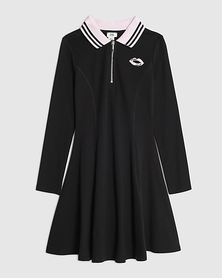 Girls Black Ribbed Zipped Polo Dress