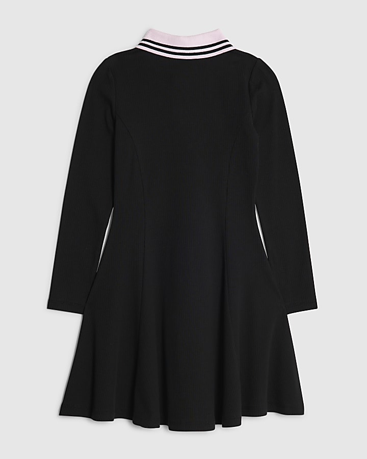 Girls Black Ribbed Zipped Polo Dress