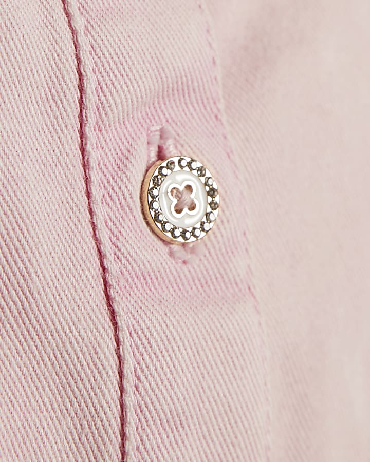 Girls Pink Square Neck Twill Bow Dress