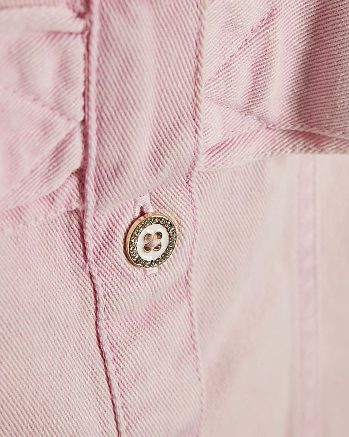 Girls Pink Square Neck Twill Bow Dress