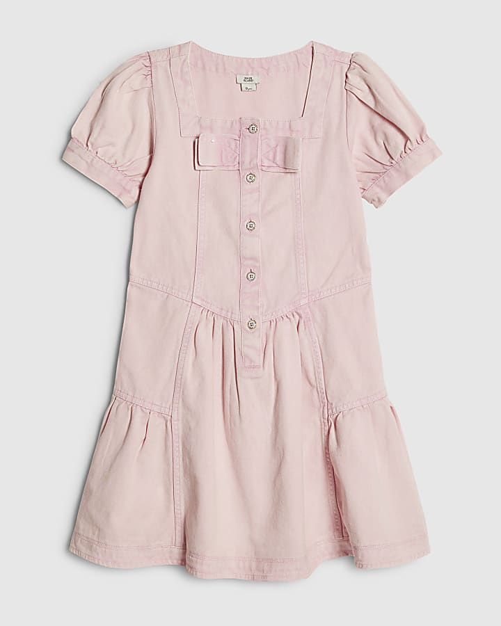Girls Pink Square Neck Twill Bow Dress