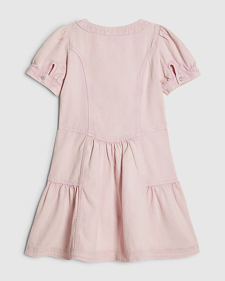 Girls Pink Square Neck Twill Bow Dress