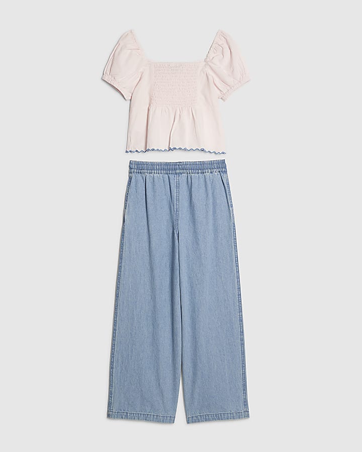 Girls Pink Collared Top And Jeans Set