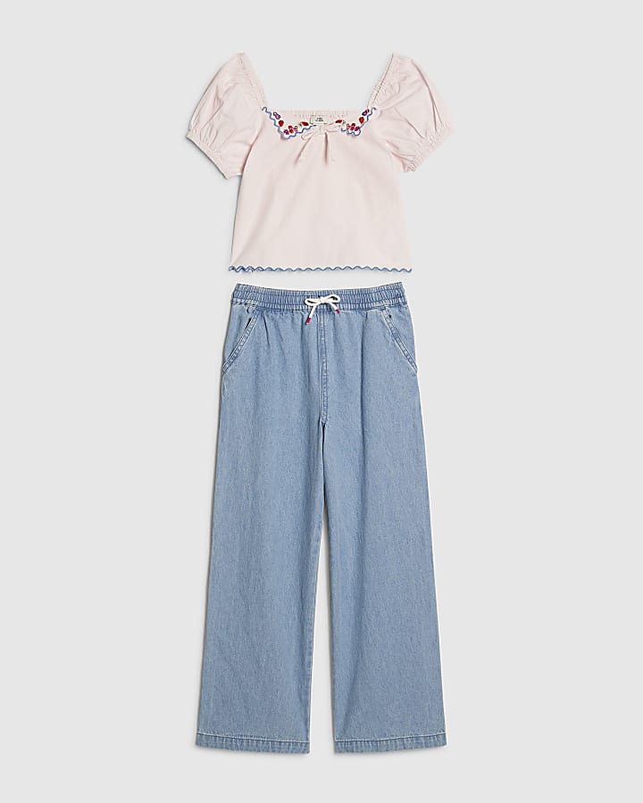 Girls Pink Collared Top And Jeans Set