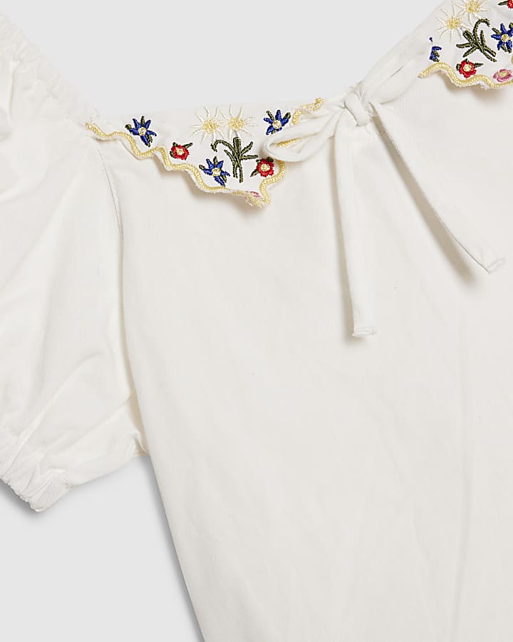 Girls White Collared Top And Jeans Set