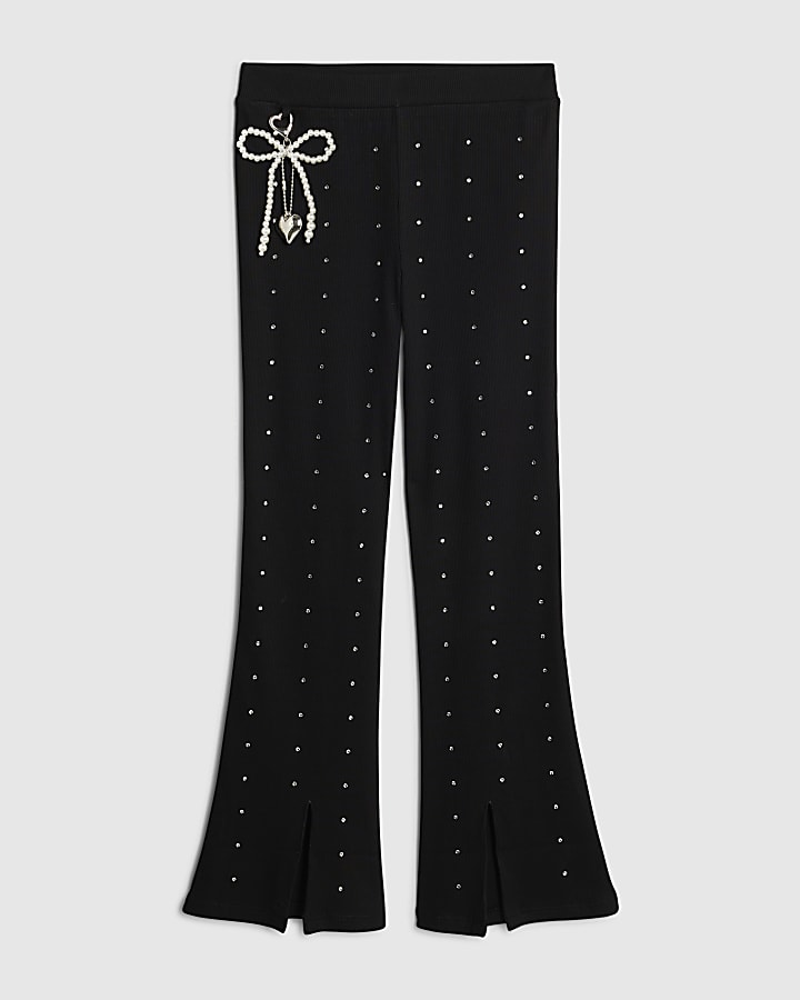 Girls Black Embellished Charm Flared Trousers