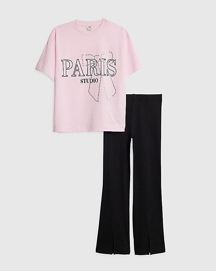 Girls Pink Paris Diamante T-Shirt Set