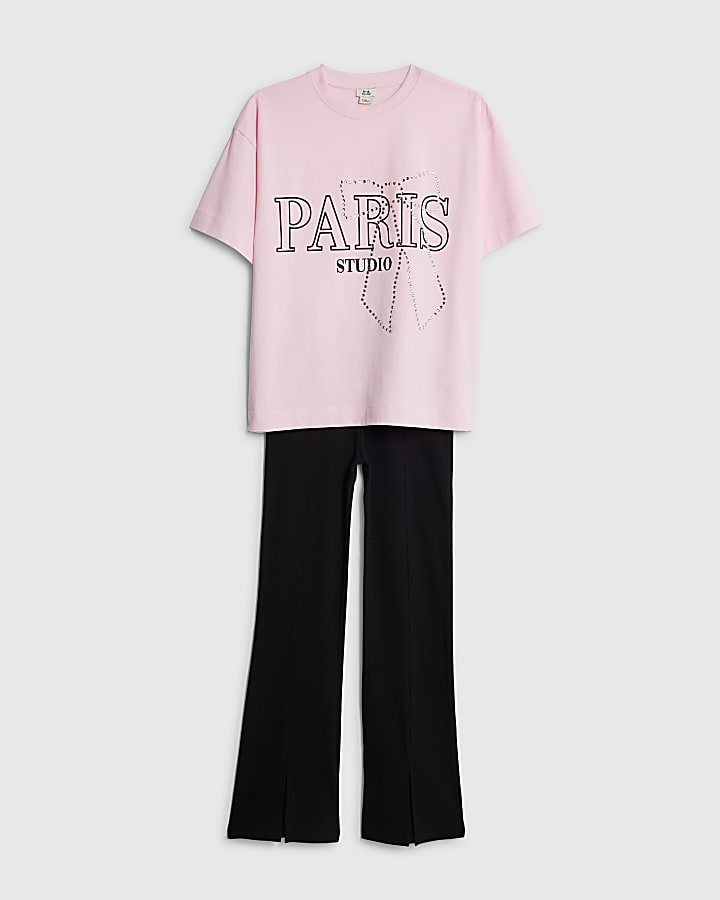 Girls Pink Paris Diamante T-Shirt Set