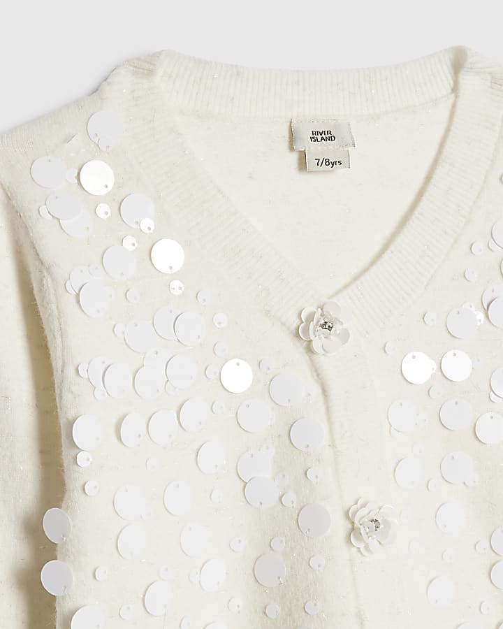 Girls Cream Sequin Cardigan And Skirt Set