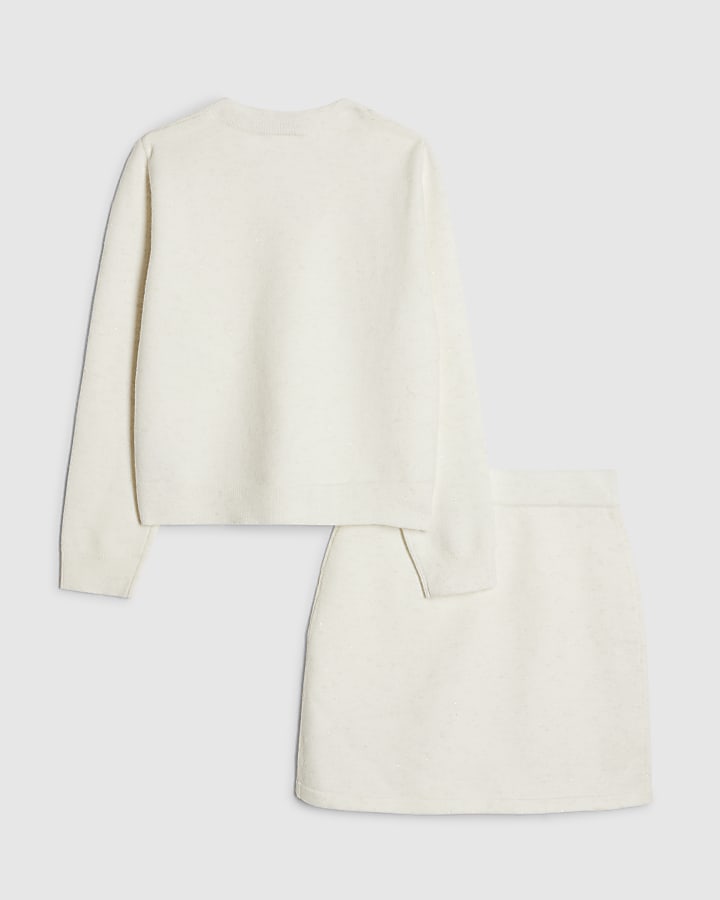 Girls Cream Sequin Cardigan And Skirt Set