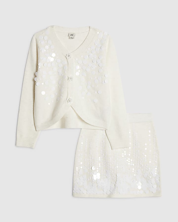 Girls Cream Sequin Cardigan And Skirt Set