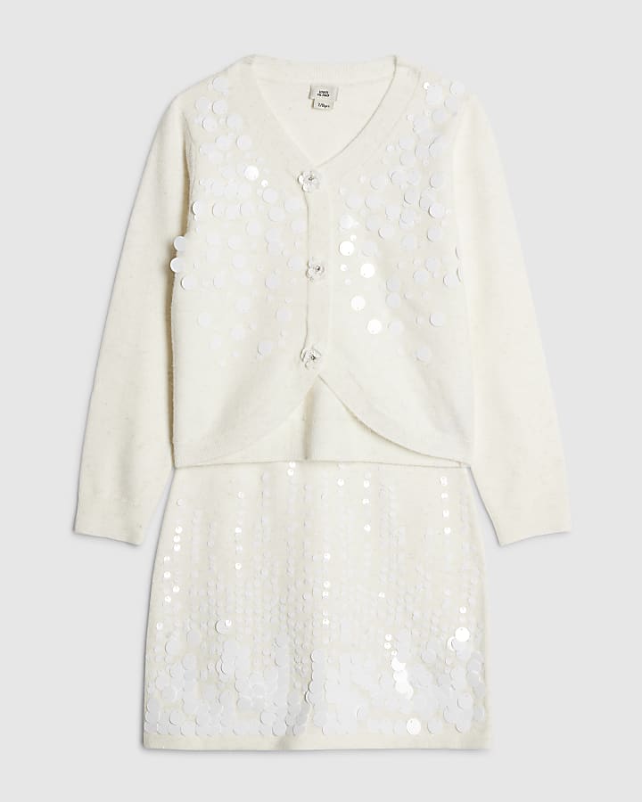 Girls Cream Sequin Cardigan And Skirt Set