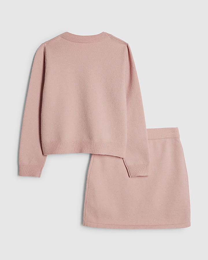 Girls Pink Sequin Cardigan And Skirt Set