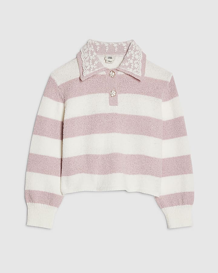 Girls Cream Lace Collar Stripe Jumper