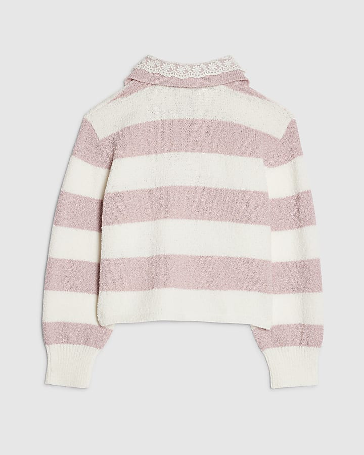 Girls Cream Lace Collar Stripe Jumper