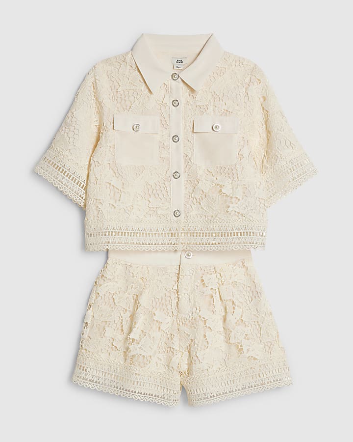 Girls Cream Lace Blouse And Shorts Set