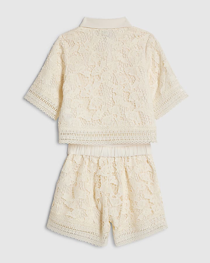 Girls Cream Lace Blouse And Shorts Set
