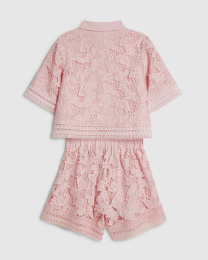 Girls Pink Lace Blouse And Shorts Set