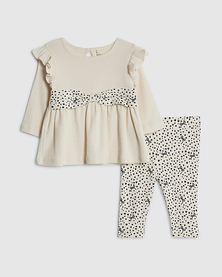 Baby Girls Cream Ribbed Bow Top Set