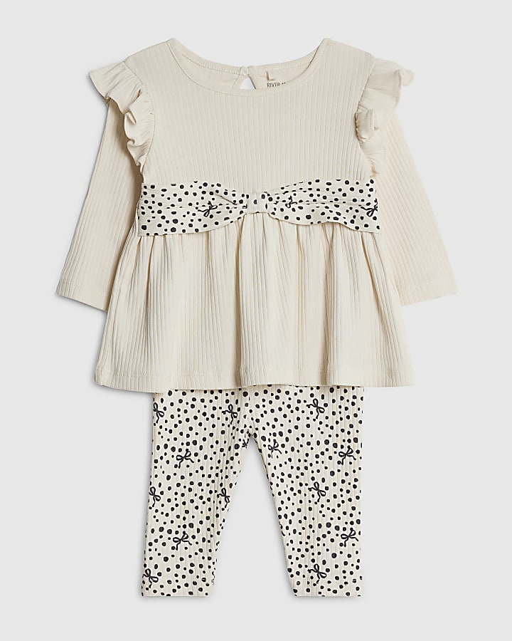 Baby Girls Cream Ribbed Bow Top Set