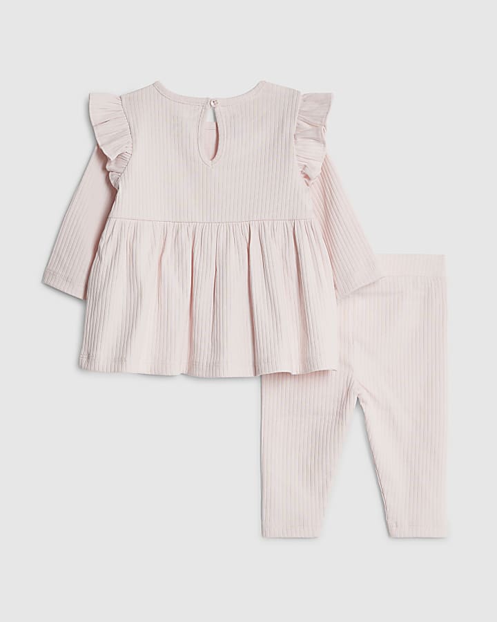 Baby Girls Cream Ribbed Bow Top Set